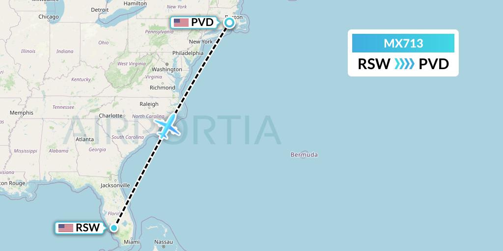 MX713 Breeze Airways Flight Map: Fort Myers to Providence