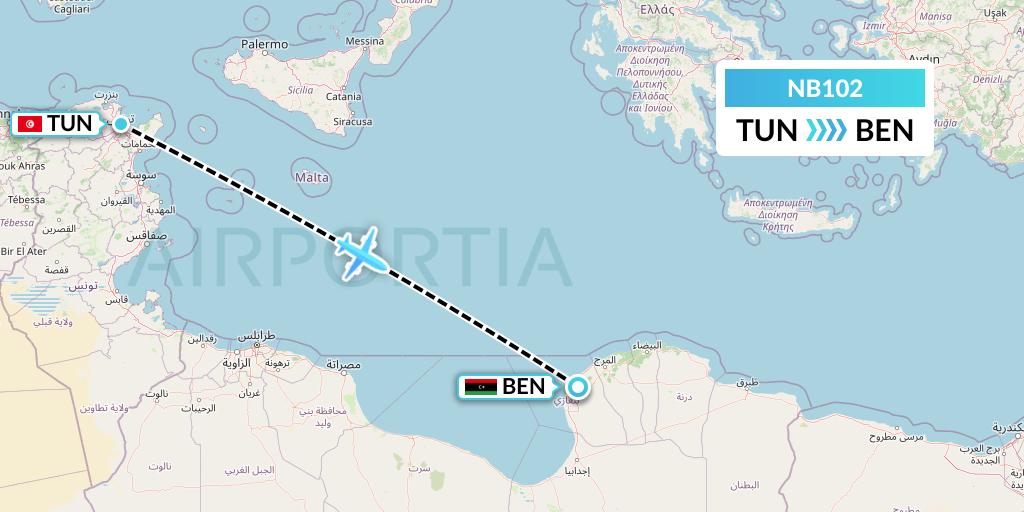 NB102 Berniq Airways Flight Map: Tunis to Benghazi
