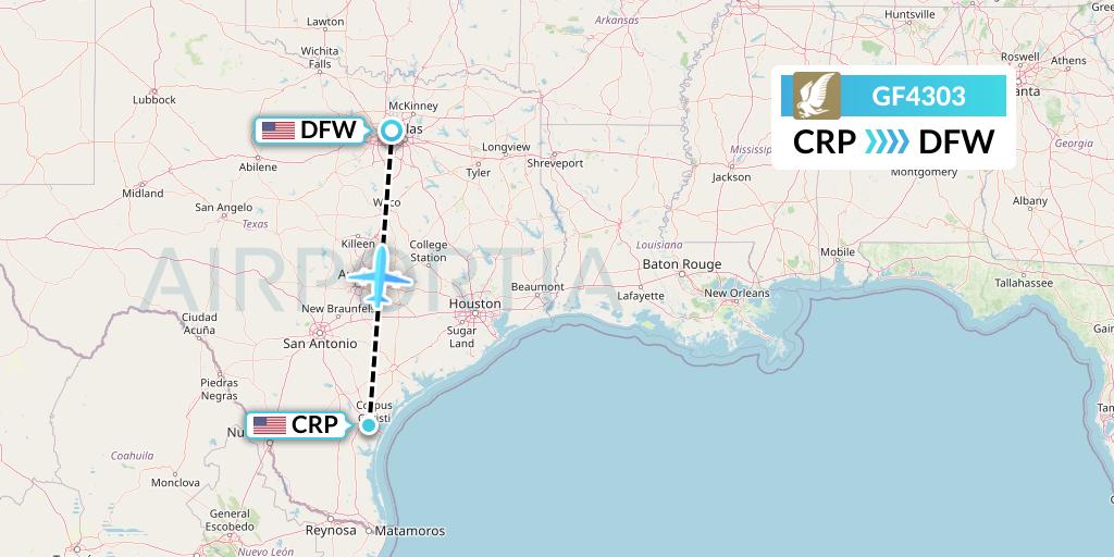 GF4303 Gulf Air Flight Map: Corpus Christi to Dallas