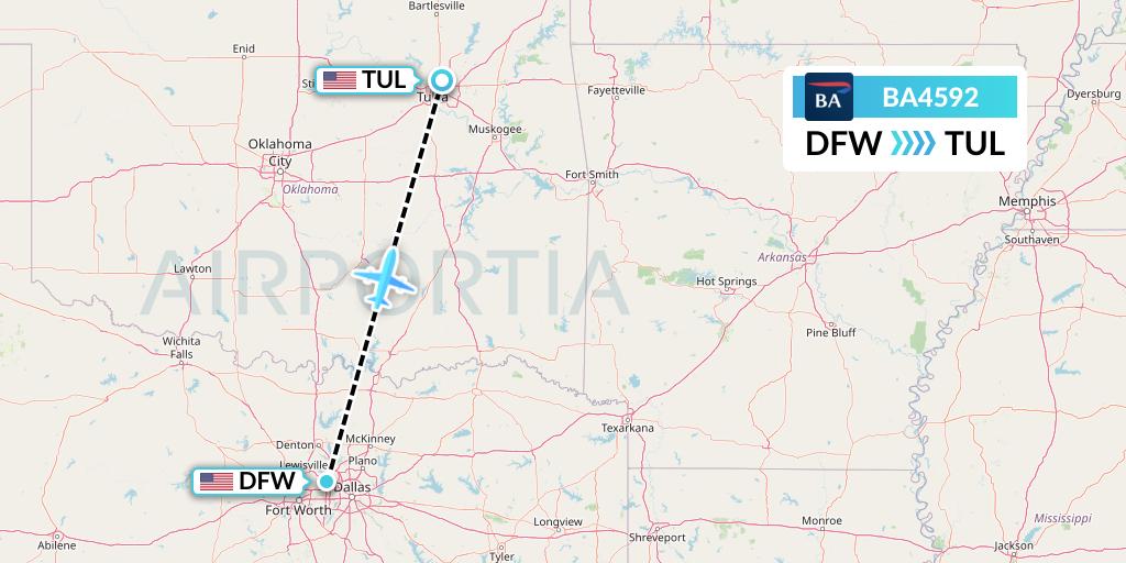 BA4592 British Airways Flight Map: Dallas to Tulsa