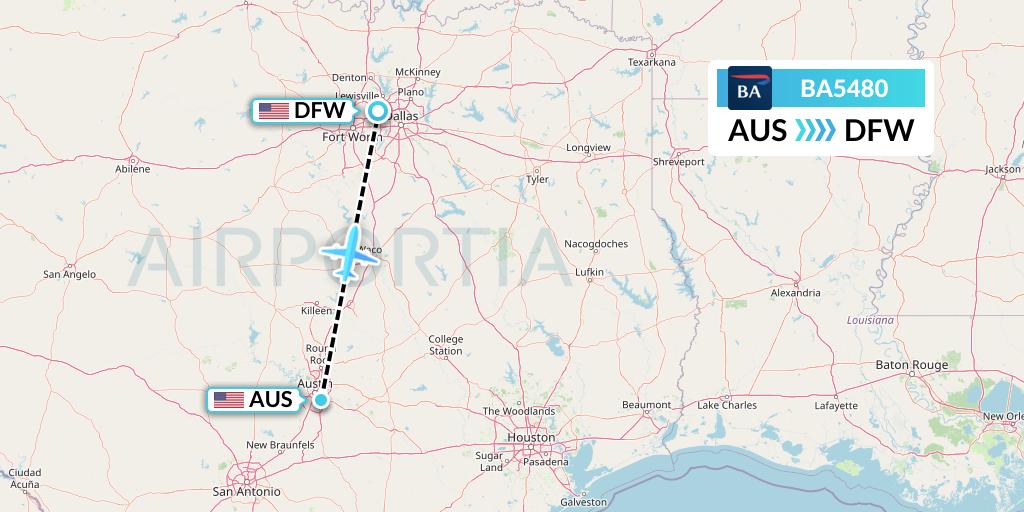 BA5480 British Airways Flight Map: Austin to Dallas