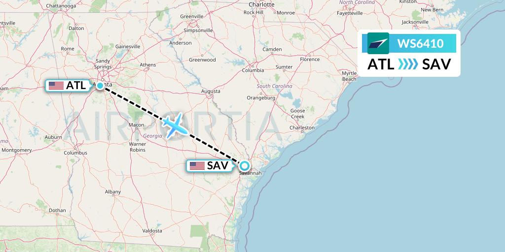 WS6410 WestJet Flight Map: Atlanta to Savannah