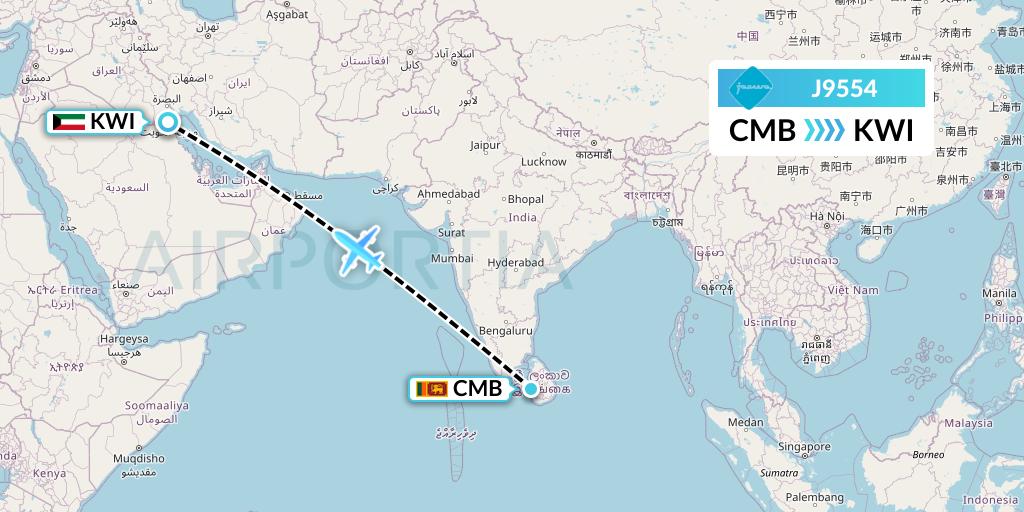J9554 Jazeera Airways Flight Map: Colombo to Kuwait City