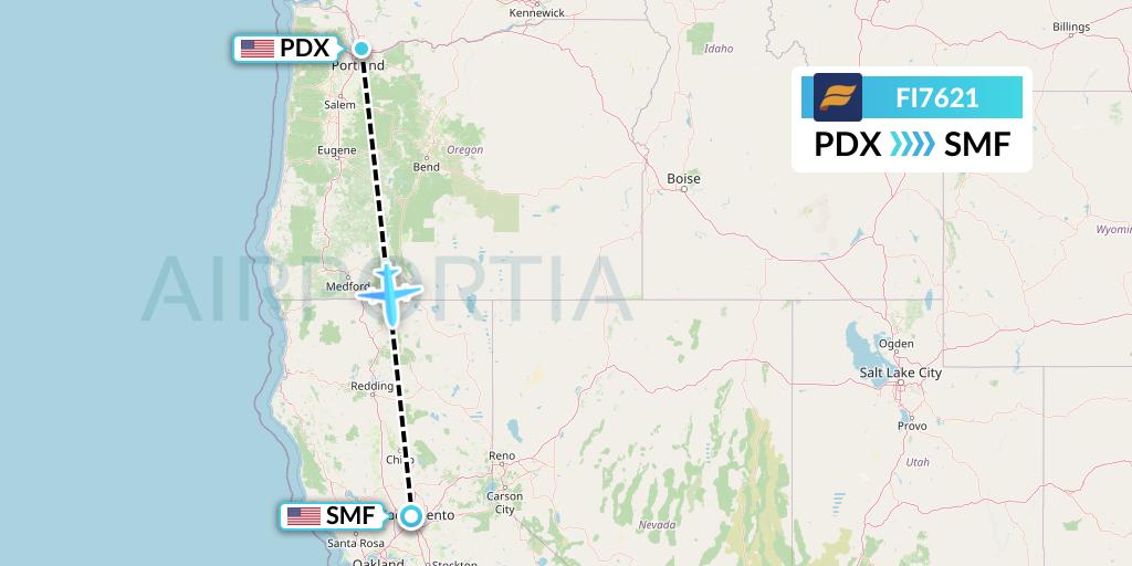 FI7621 Icelandair Flight Map: Portland to Sacramento