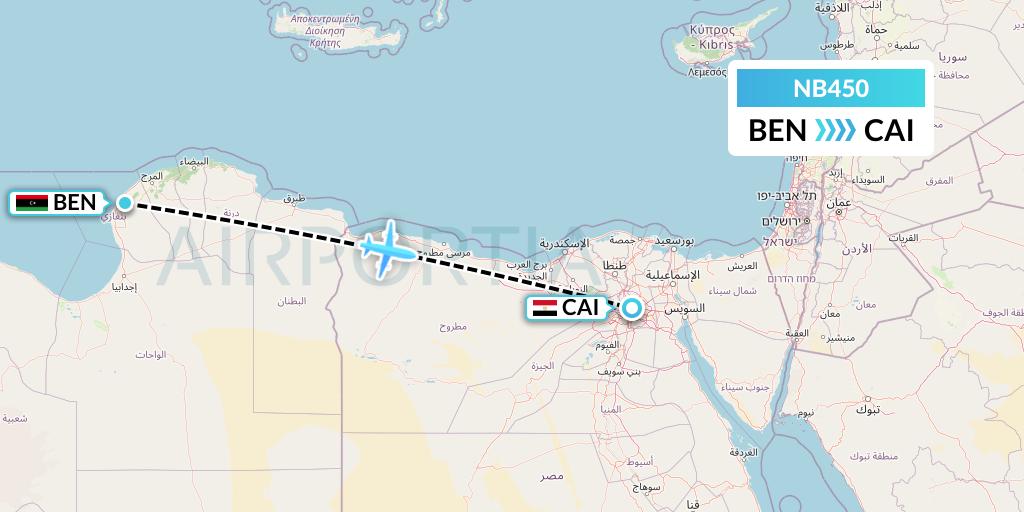 NB450 Berniq Airways Flight Map: Benghazi to Cairo