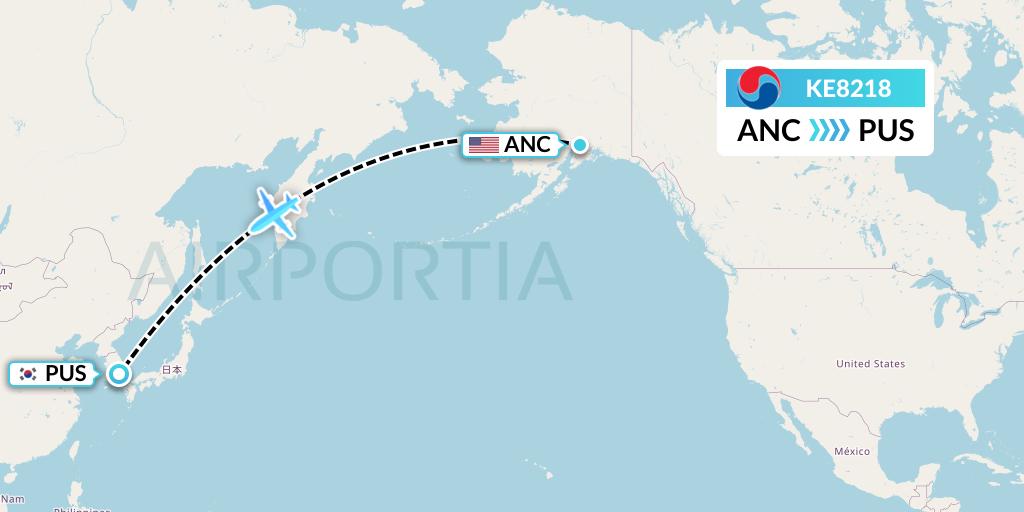 KE8218 Korean Air Flight Map: Anchorage to Busan