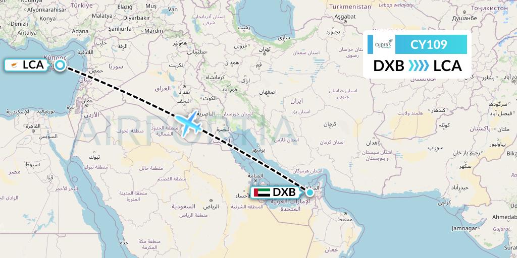 CY109 Cyprus Airways Flight Map: Dubai to Larnaca