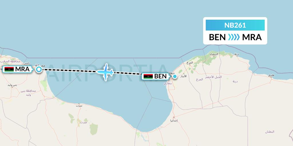 NB261 Berniq Airways Flight Map: Benghazi to Misrata