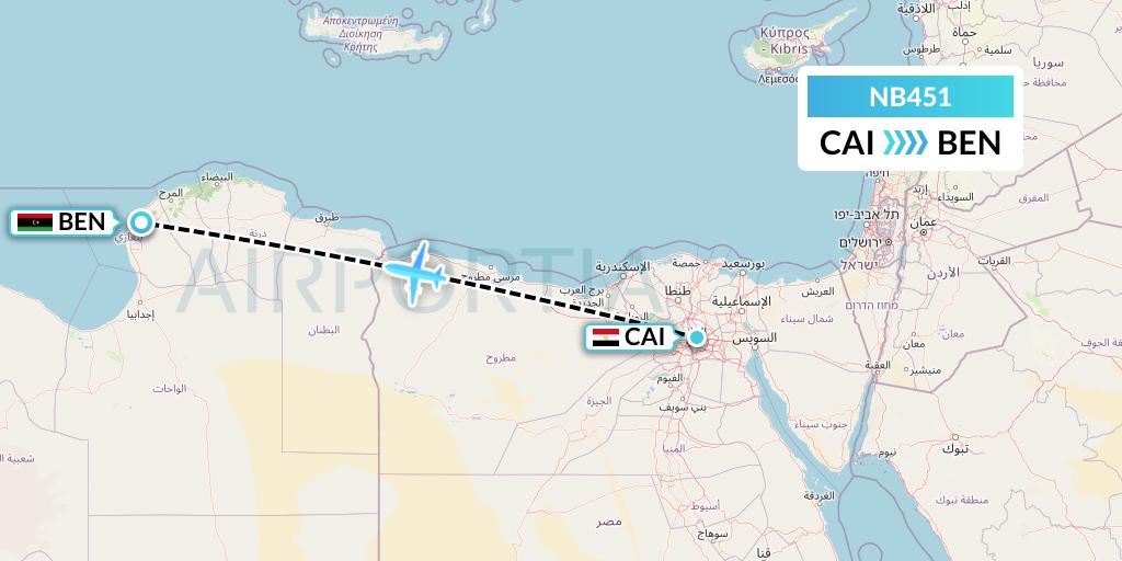 NB451 Berniq Airways Flight Map: Cairo to Benghazi