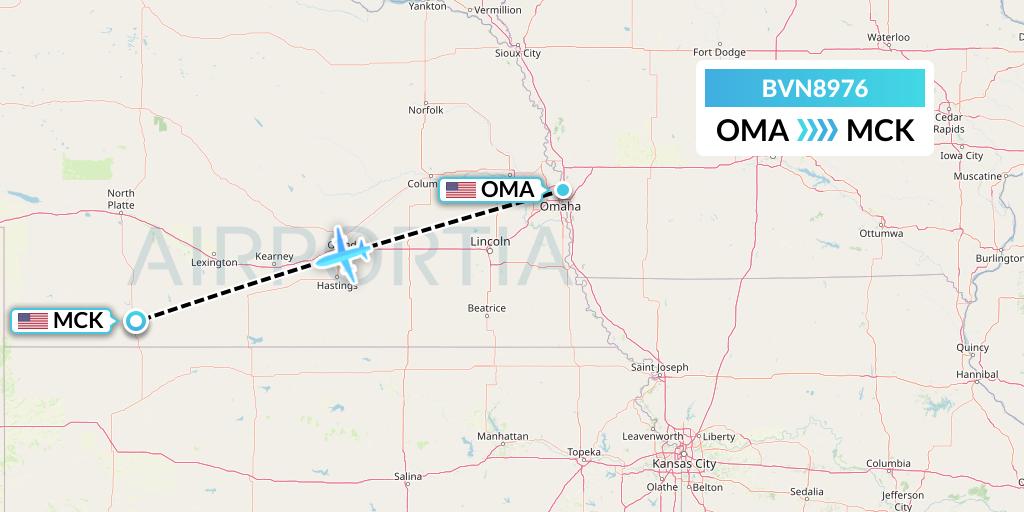 BVN8976 Baron Aviation Services Flight Map: Omaha to McCook