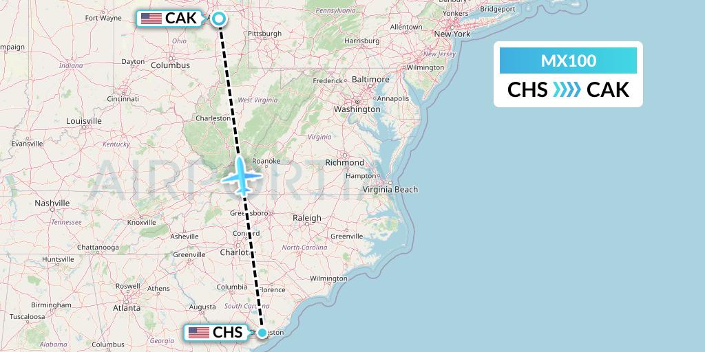 MX100 Breeze Airways Flight Map: Charleston to Akron