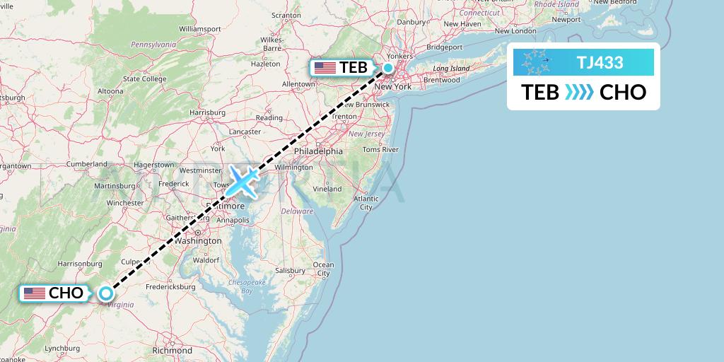 TJ433 Tradewind Aviation Flight Map: Teterboro to Charlottesville