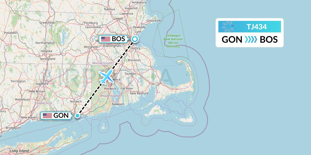 TJ434 Tradewind Aviation Flight Map: New London to Boston