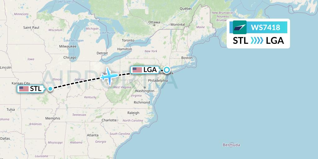 WS7418 WestJet Flight Map: St. Louis to New York