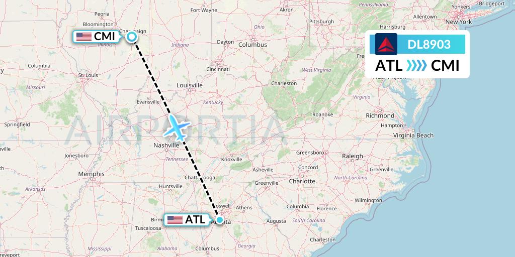 DL8903 Delta Air Lines Flight Map: Atlanta to Champaign