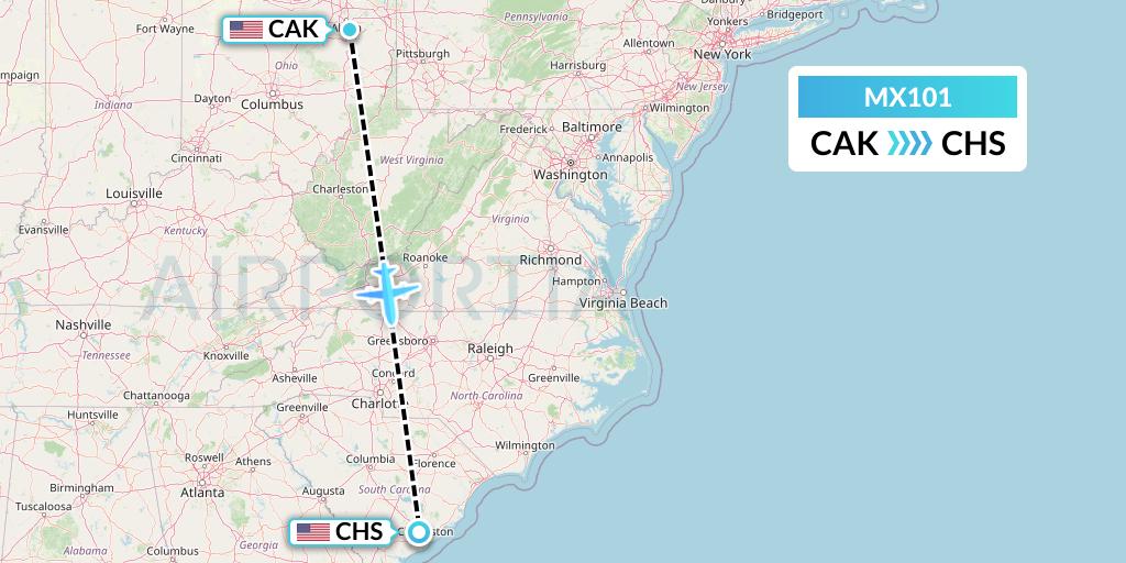 MX101 Breeze Airways Flight Map: Akron to Charleston