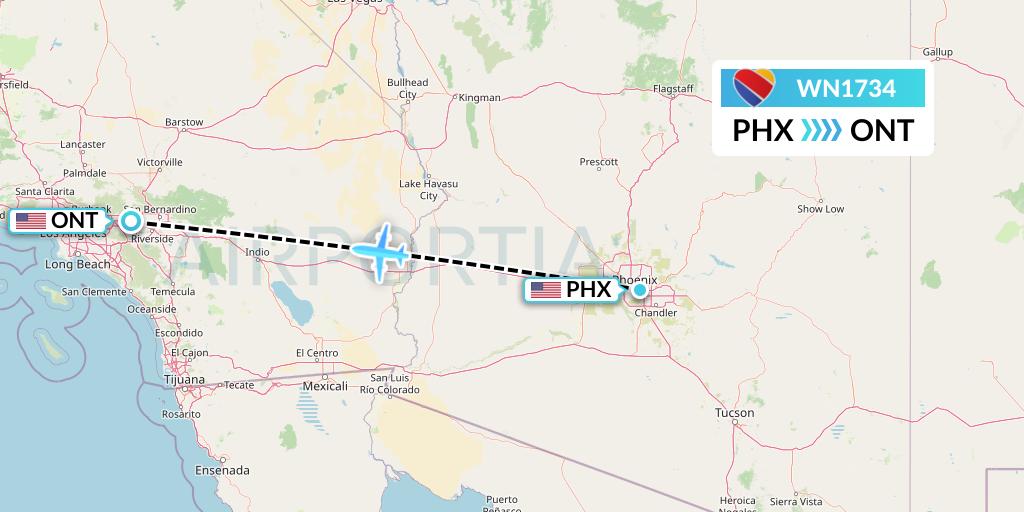 WN1734 Southwest Airlines Flight Map: Phoenix to Ontario