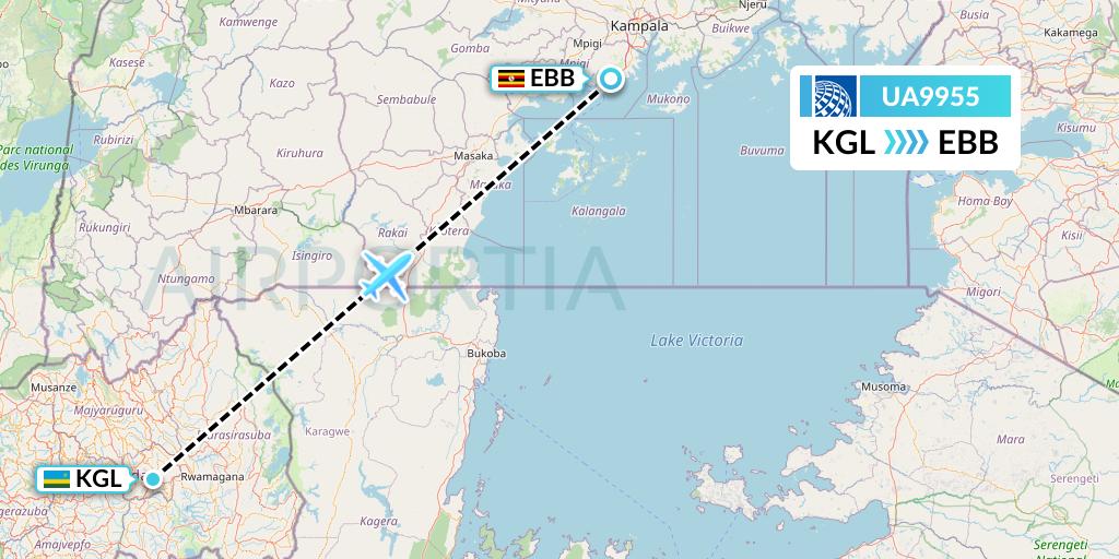 UA9955 United Airlines Flight Map: Kigali to Entebbe