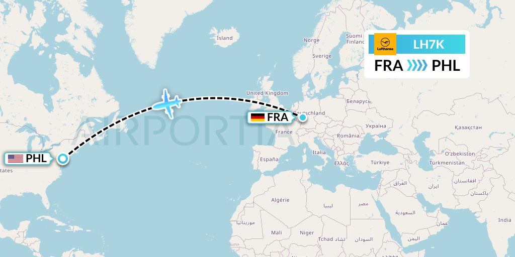 LH7K Lufthansa Flight Map: Frankfurt to Philadelphia