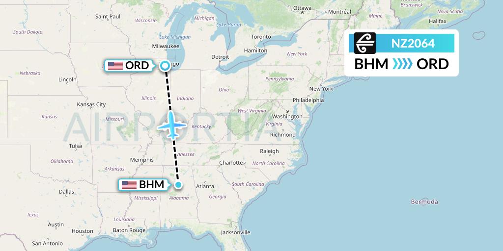 NZ2064 Air New Zealand Flight Map: Birmingham to Chicago