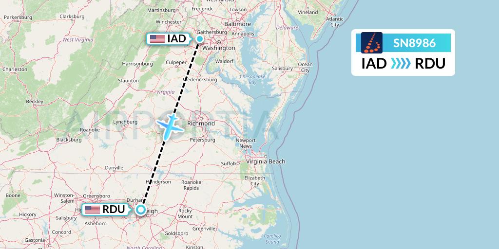 SN8986 Brussels Airlines Flight Map: Washington to Raleigh-Durham