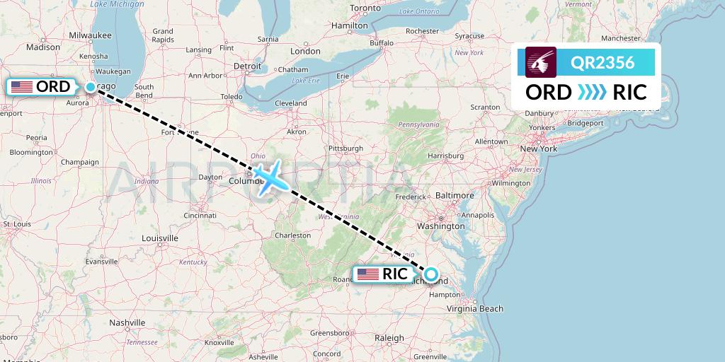 QR2356 Qatar Airways Flight Map: Chicago to Richmond