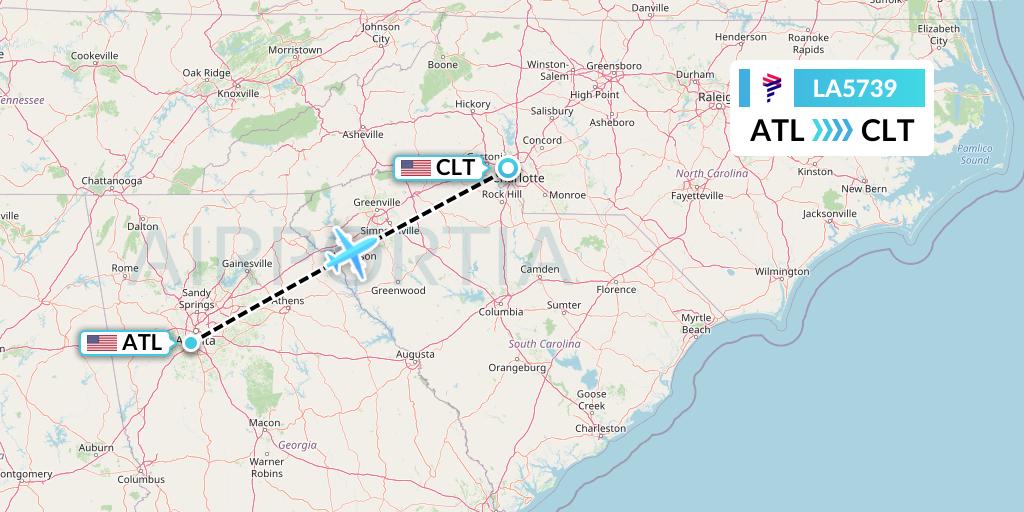 LA5739 LAN Airlines Flight Map: Atlanta to Charlotte