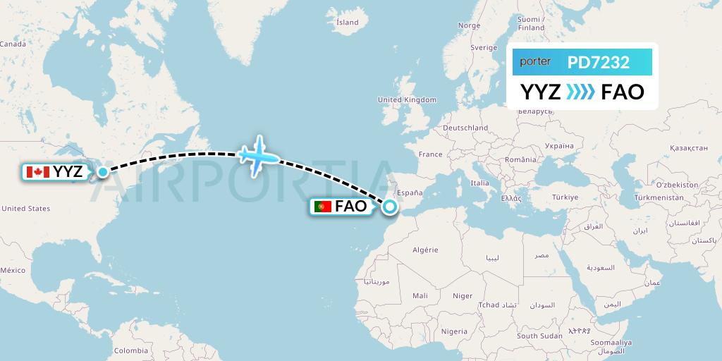 PD7232 Porter Airlines Flight Map: Toronto to Faro