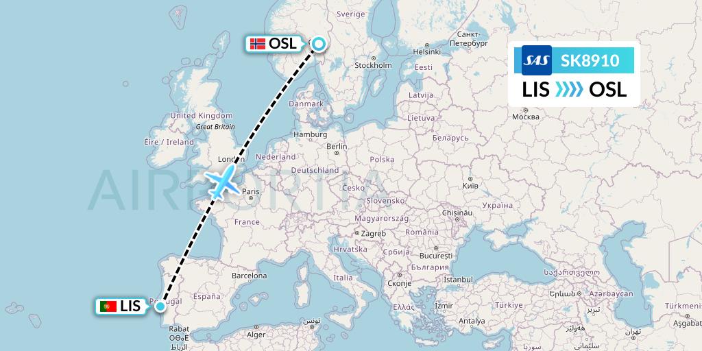 SK8910 SAS Flight Map: Lisbon to Oslo