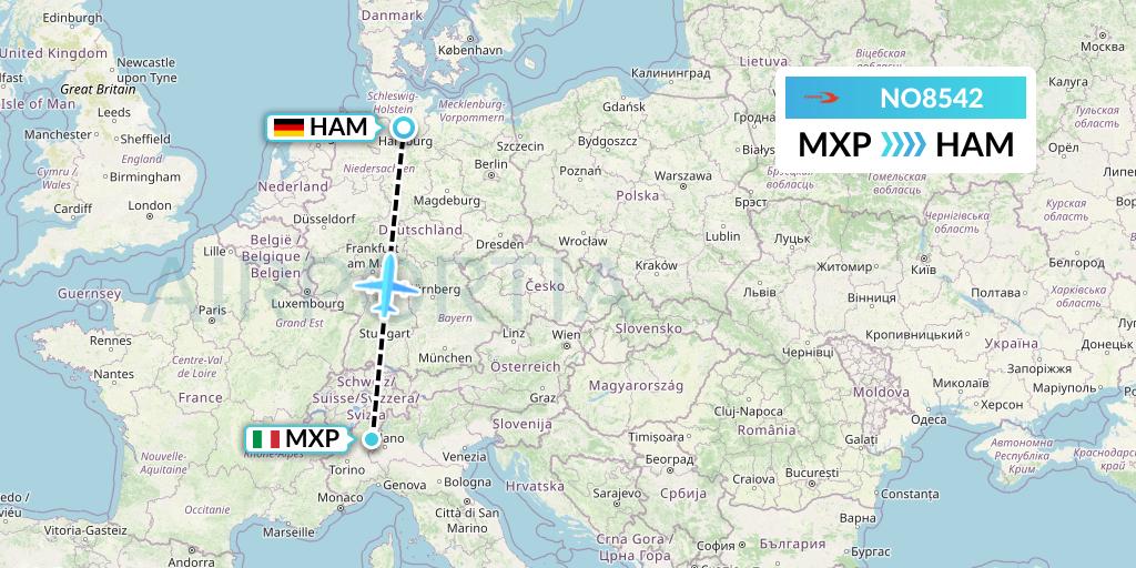 NO8542 Neos Flight Map: Milan to Hamburg