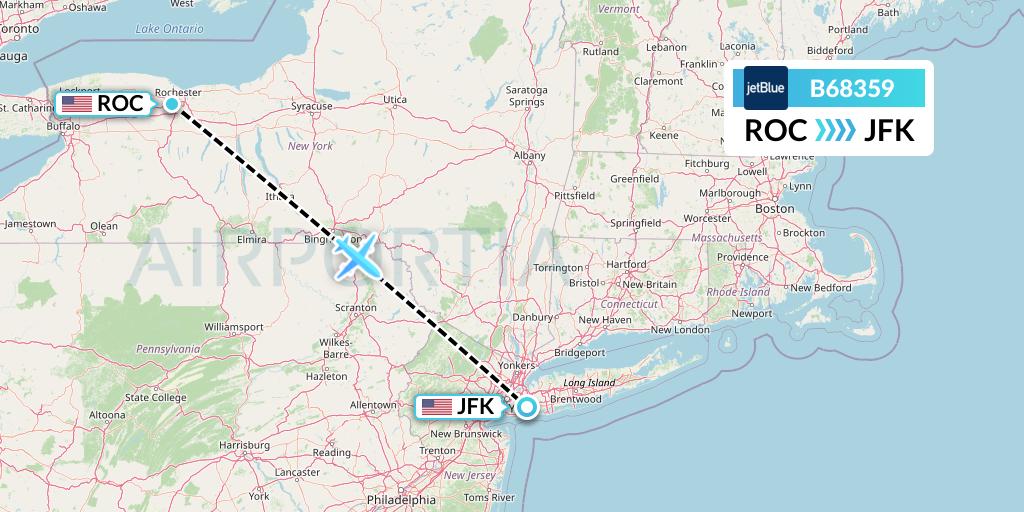 B68359 JetBlue Airways Flight Map: Rochester to New York