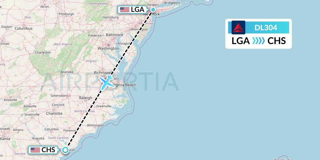 DL304 Delta Air Lines Flight Map: New York to Charleston