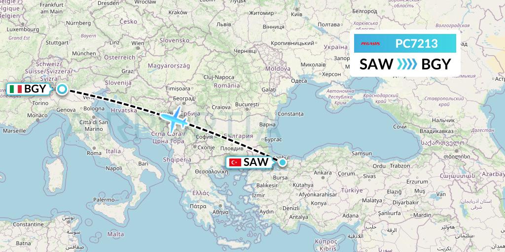 PC7213 Pegasus Airlines Flight Map: Istanbul to Milan