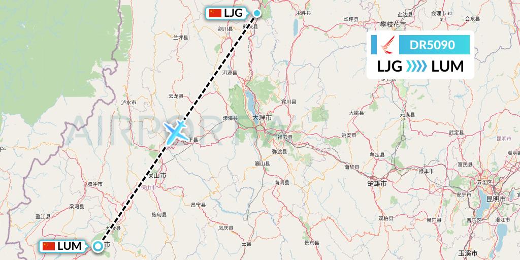 DR5090 Ruili Airlines Flight Map: Lijiang to Mangshi