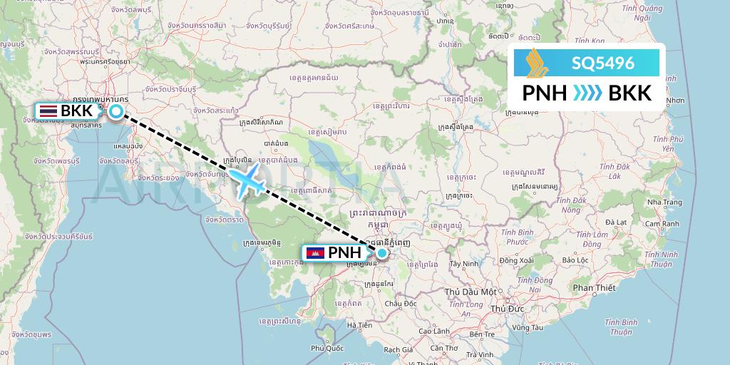 SQ5496 Singapore Airlines Flight Map: Phnom Penh to Bangkok
