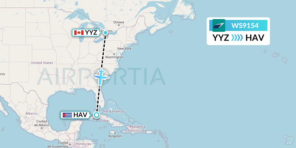 WS9154 WestJet Flight Map: Toronto to Havana