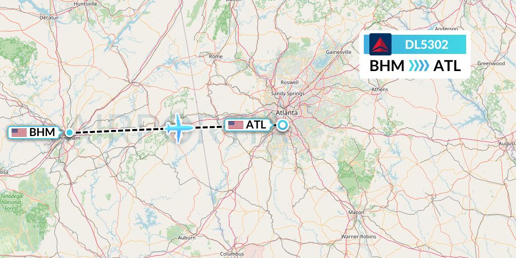 DL5302 Delta Air Lines Flight Map: Birmingham to Atlanta