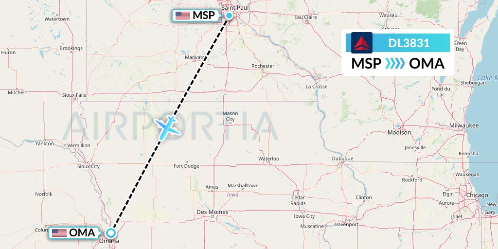 DL3831 Delta Air Lines Flight Map: Minneapolis to Omaha