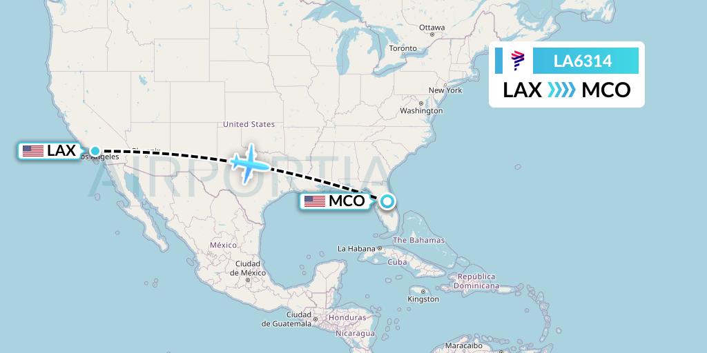 LA6314 LAN Airlines Flight Map: Los Angeles to Orlando