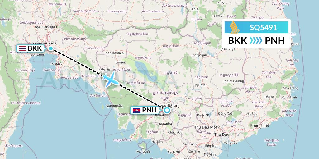 SQ5491 Singapore Airlines Flight Map: Bangkok to Phnom Penh