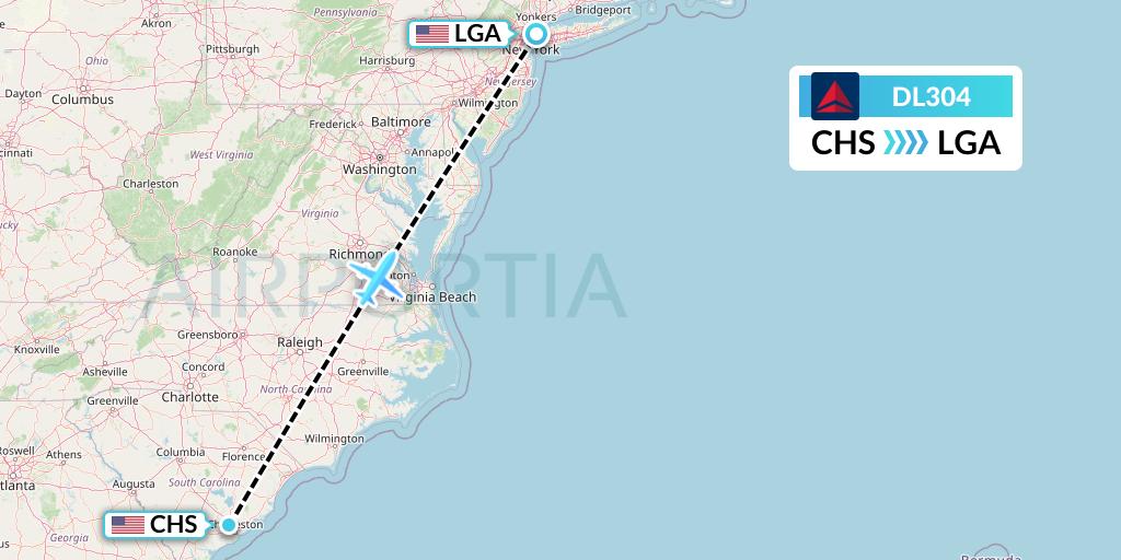 DL304 Delta Air Lines Flight Map: Charleston to New York