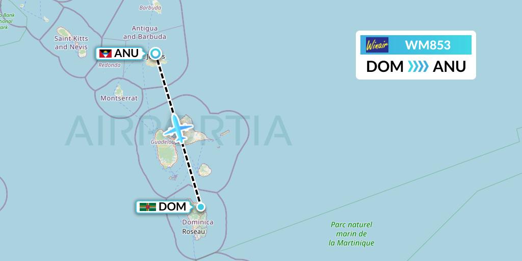 WM853 Winair Flight Map: Dominica to Antigua