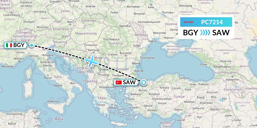 PC7214 Pegasus Airlines Flight Map: Milan to Istanbul