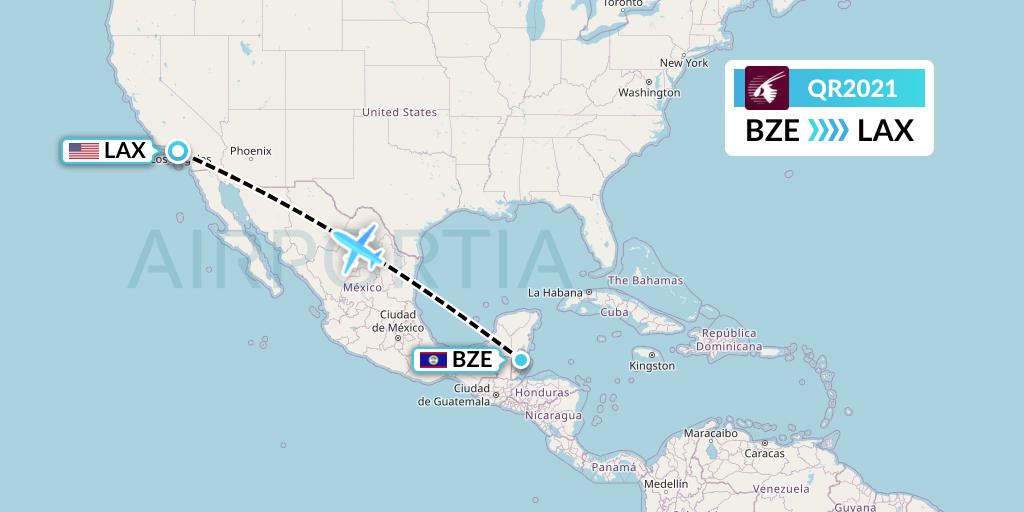 QR2021 Qatar Airways Flight Map: Belize City to Los Angeles