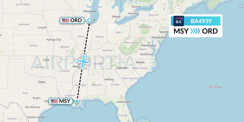 BA4939 British Airways Flight Map: New Orleans to Chicago
