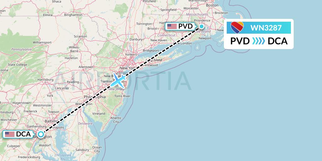 WN3287 Southwest Airlines Flight Map: Providence to Washington