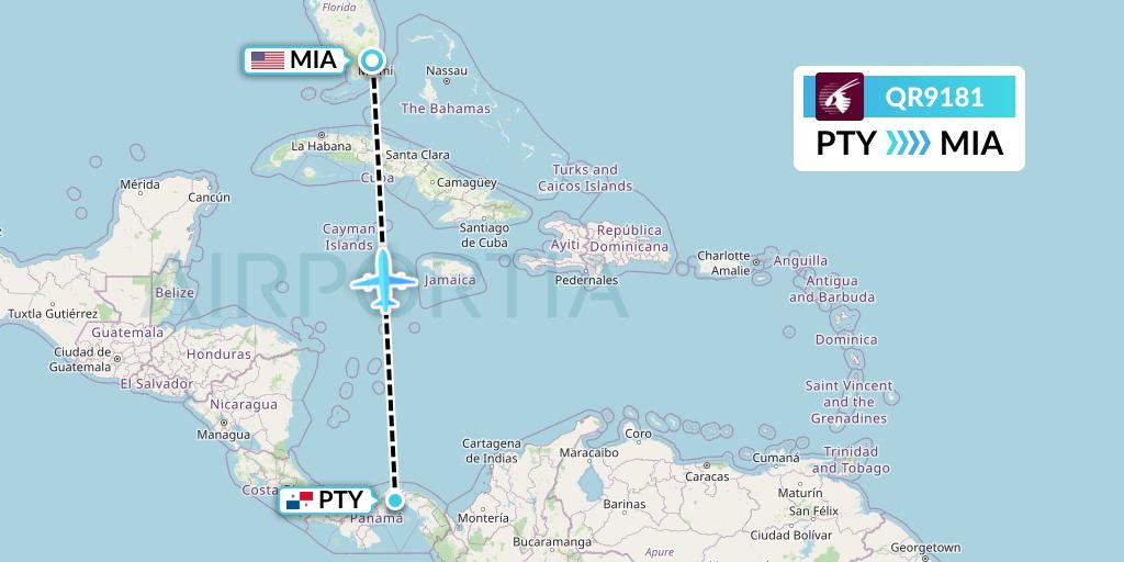 QR9181 Qatar Airways Flight Map: Panama City to Miami