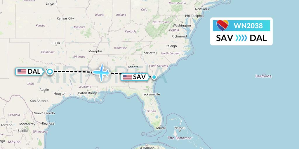 WN2038 Southwest Airlines Flight Map: Savannah to Dallas