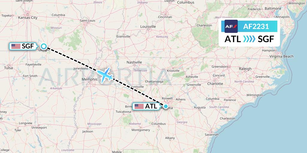 AF2231 Air France Flight Map: Atlanta to Springfield