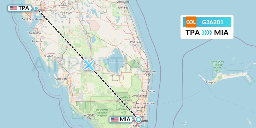 G36201 GOL Transportes Aeros Flight Map: Tampa to Miami